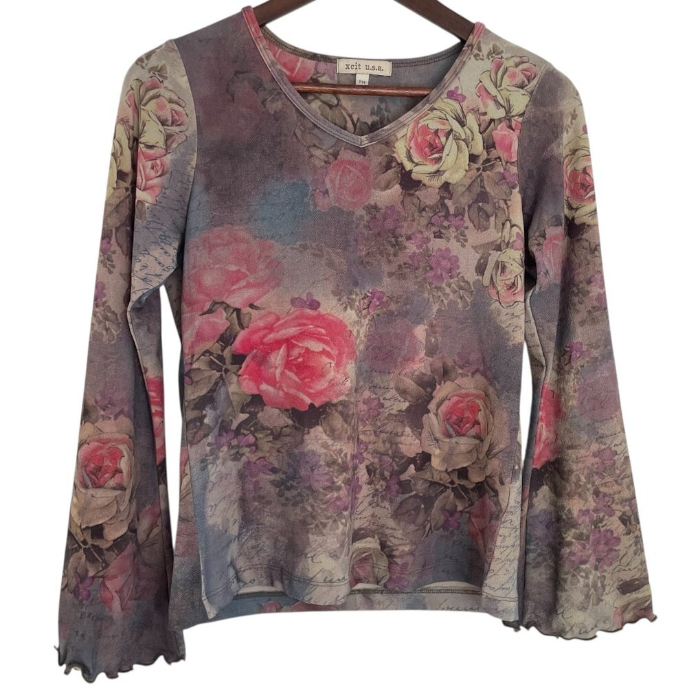 Vtg Y2K Xcit USA Bell Sleeve V Neck Top PM Petite Medium Roses Floral Boho Fairy